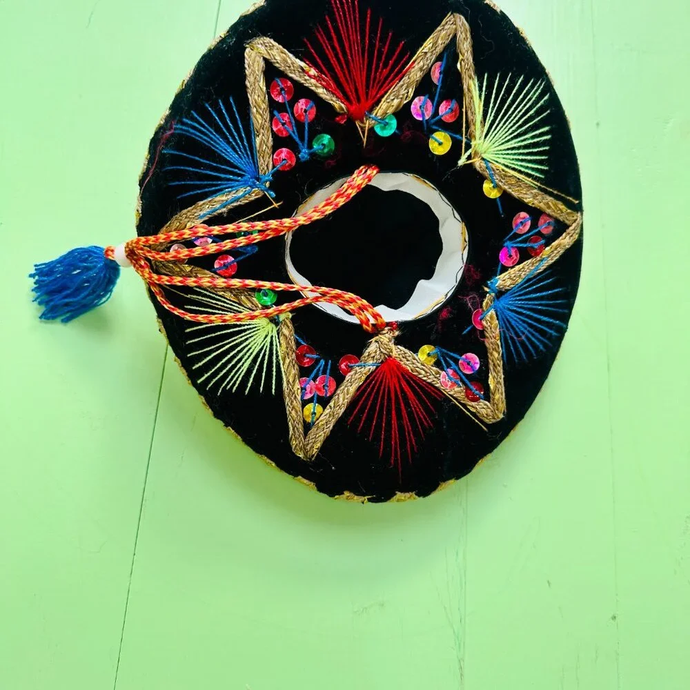 Vintage Mini Sombrero Black Velvet Mexican Hat Sequins Fiesta Decor 8